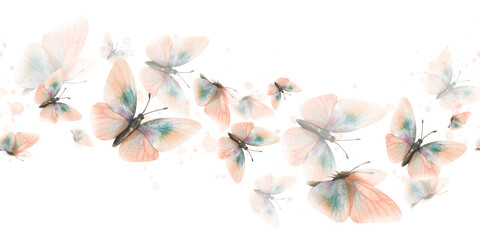 Delicate, flying, elegant butterflies in the trendy pastel color peach fuzz in a vintage style. Hand drawn watercolor illustration. Seamless board pattern, repeating ornament