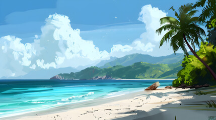Naklejka premium Tropical Island Beach: A serene and idyllic tropical beach with white sand, turquoise water, and palm trees. The setting should evoke a sense of paradise and relaxation.