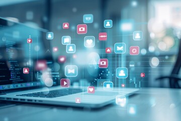 A digital workspace filled with social media icons, emphasizing target audience reach