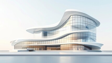 A 3D illustration of a modern building with a distinctive, avant-garde design. The structure is characterized by its bold shapes and use of glass and steel materials. The environment around the