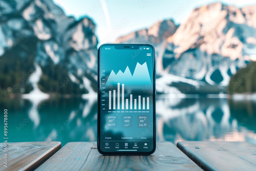 Poster a professional setup with a smartphone displaying social media analytics against a natural backdrop