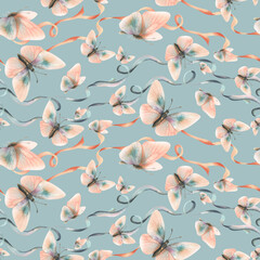 Writhing satin ribbons with flying butterflies in trendy pastel colors peach fuzz and turquoise in a vintage style. Hand drawn watercolor illustration. Seamless pattern on a blue background