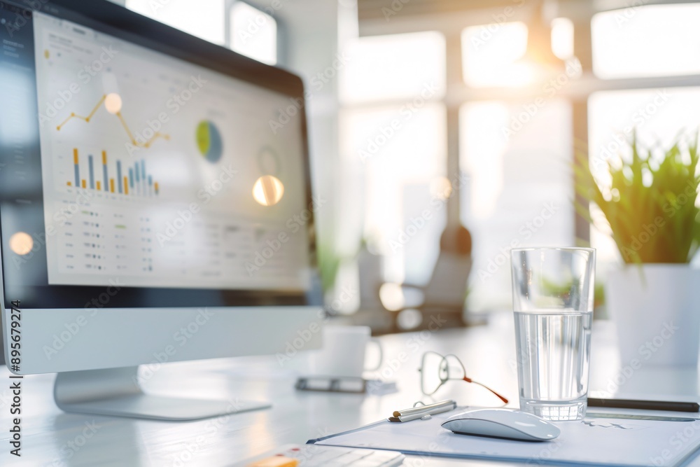 Poster natural workspace with seo charts and a creative touch, emphasizing content creation