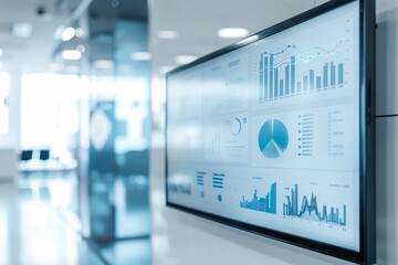 Business office with brand awareness analytics on a large screen