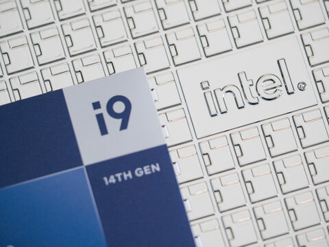 Intel logo on an Intel Core 14th gen i9-14900K processor case