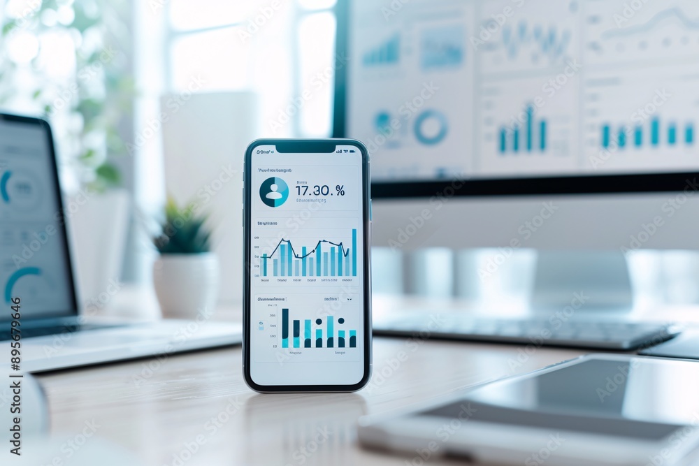 Poster professional office setup with smartphone displaying social media analytics against a soft backgroun