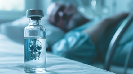 close up of vial with skull logo on it with background of man lying on bed