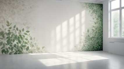 Fototapeta premium Green leaves on wall in misty room with wooden floor and blank walls