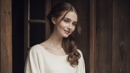 Fototapeta premium A woman in a white shirt posing for the camera, AI