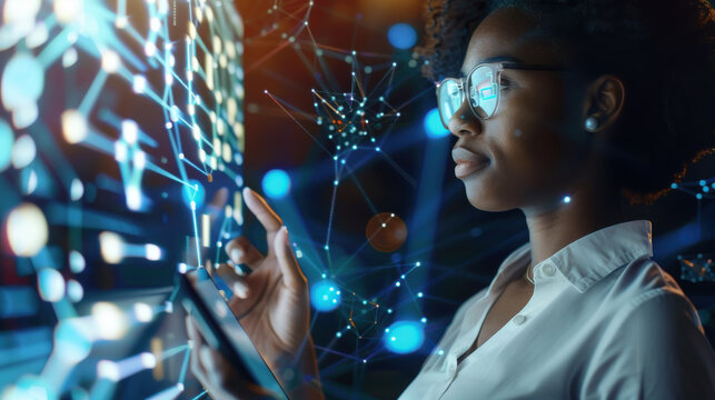 A BIPOC IT administrator coding on a tablet to generate augmented reality visualizations of neural networks, with intricate AI processing and data management tasks