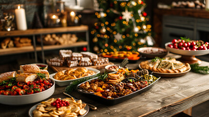 Holiday feast with various festive dishes on a wooden table
