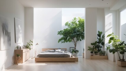 Green leaves on wall in foggy room, wooden floor and empty home interior