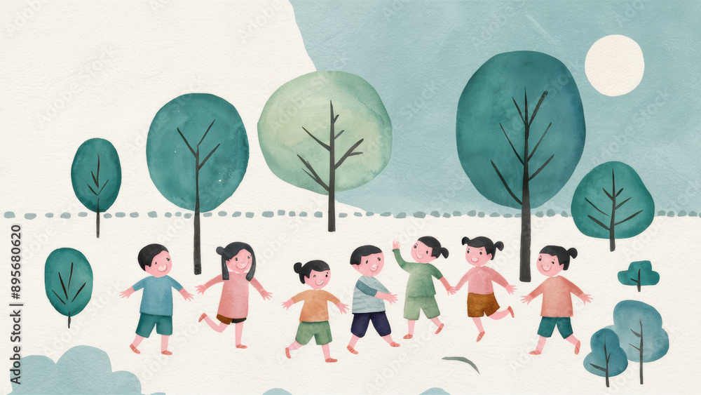 Poster a group of children are running through a forest with trees, ai