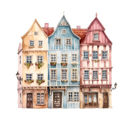 Fototapeta premium Old European city town street house, timber fachwerk facades, watercolor clipart illustration with isolated background.