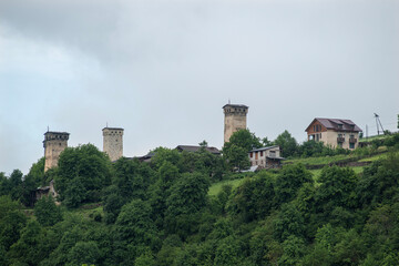 Mestia town in Georgia.
The medieval Svan Towers is a traditional fortified residence in Mestia, Georgia. Svan towers and structures surrounded by green colors.