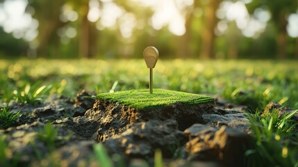 Pin icon for location on a plot of green land, an estate investment, or a parcel of land intended for construction. three-dimensional ground slice