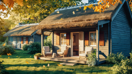 A small cabin with a thatched roof sitting in the grass, AI