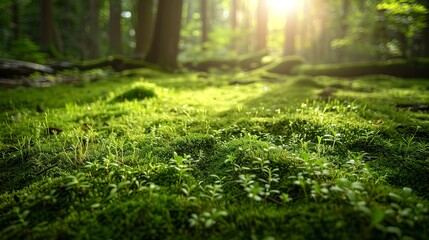 Fototapeta premium Sunlit forest floor covered in lush green moss, creating a serene and peaceful natural scene perfect for concepts of tranquility, nature conservation, and outdoor relaxation.
