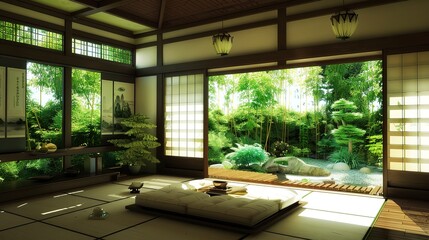 Fototapeta premium White Sofa japanese on green room japan tropical desing and tatami mat floor