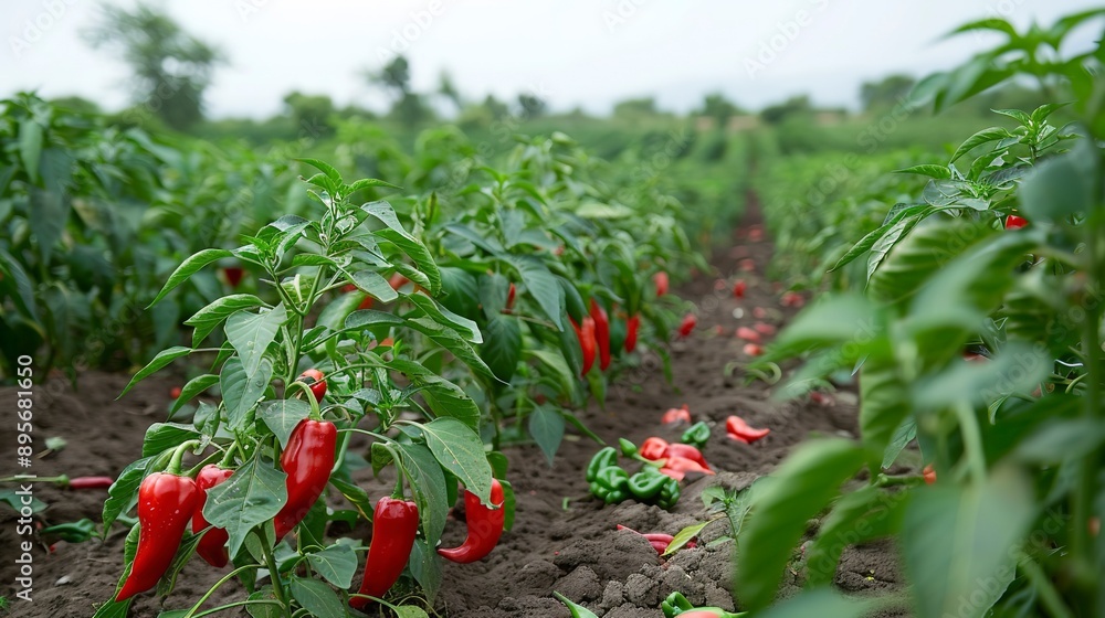 Sticker Red chilli peppers growing in abundance on lush green plants in a farm field. 