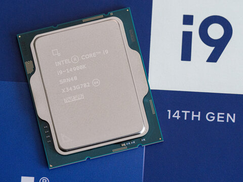 Intel logo on an Intel Core 14th gen i9-14900K processor case
