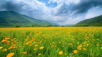 Fototapeta premium yellow cosmos flower field with green mountain as background