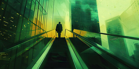 Ascent of Finance: An escalator leading upward, with a silhouette of a city skyline in the background.