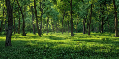 Fototapeta premium Green Dividend: A verdant forest, with a lush green carpet under a group of mature trees.