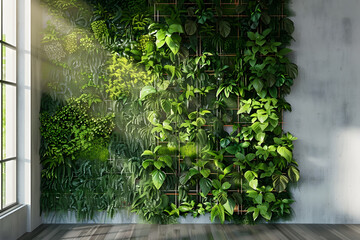 Vertical gardening in a home. 3D rendering of a green wall.