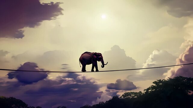 Surreal elephant balancing on tightrope between clouds - Dreamlike scene