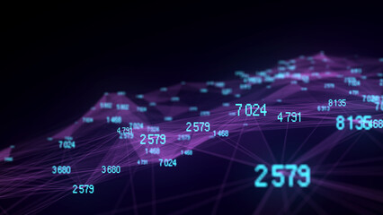 Abstract wave of dots and lines. Digital stream binary code, blue matrix. Blockchain concept and data transfer system. Programming, coding, hacking. Network connection. 3d rendering.