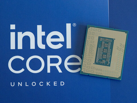 Intel logo on an Intel Core 14th gen i9-14900K processor case