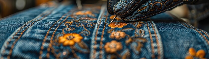 Tailor embellishing a denim skirt with decorative stitching, merging casual with detailed, update adornment, clothing enhancement.