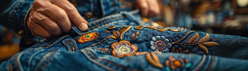 Tailor embellishing a denim skirt with decorative stitching, merging casual with detailed, update adornment, clothing enhancement.