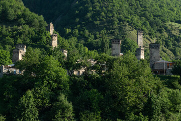 Mestia town in Georgia.
The medieval Svan Towers is a traditional fortified residence in Mestia, Georgia. Svan towers and structures surrounded by green colors.