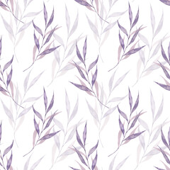 Watercolor seamless pattern with purple twigs and leaves. Botanical pattern of lilac, violet, lilac color, plant on a white background. Packaging, design and decoration, wallpaper, background.