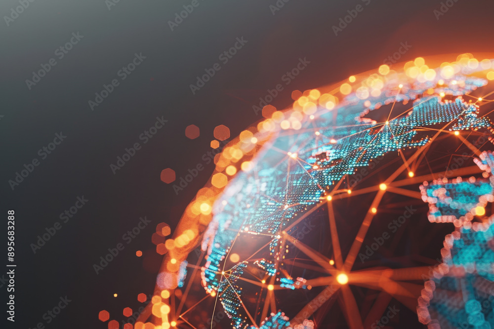 Poster planet earth rotating in space showing global network connections with glowing lights and lens flare
