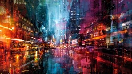 Fototapeta premium Abstract Digital Painting of Vibrant Cityscape with Fluid Colors.