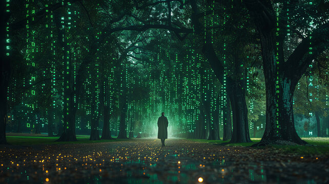 a cybersecurity hacker is working in a park where the trees are codes, binaries everywhere around the guy, green codes and dark vibe.generative ai