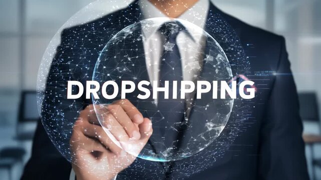 Businessman with digital dropshipping hologram, network connections and icons on blurred office background
