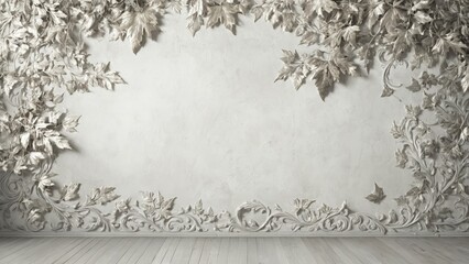 Vintage graphic leaves with textured plaster effect, retro style. Old-fashioned graphic leaves on plaster texture