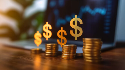 Investment and asset management concept: earning money online, finance, and fundraising with dollar icons