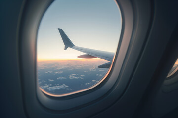 Airplane wing is flying over a beautiful cloudscape with a vibrant sunset in the background