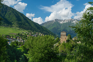 Mestia town in Georgia.
The medieval Svan Towers is a traditional fortified residence in Mestia, Georgia. Svan towers and structures surrounded by green colors.