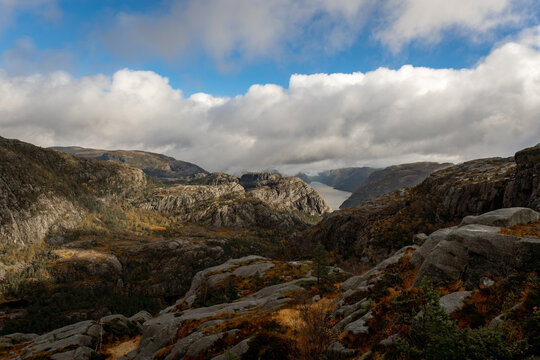 A breathtaking aerial view of a Norwegian fjord, Kjerag, Lysebotn, Lysefjorden, Norway