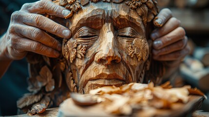 Artisan restoring a hand-carved wooden mask, blending traditional craftsmanship with modern care, refurbishment rebuild homemade, mask revival.