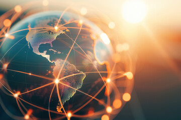 3d illustration of the earth with glowing lines connecting south america, symbolizing global communication and technology