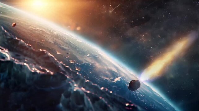 Meteor heading towards Earth with a fiery trail. Seamless looping time-lapse 4k video animation background