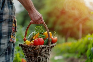 Farmer holding a basket of freshly picked fruits 