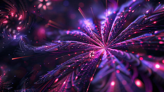 Abstract Cosmic Fireworks: Dynamic Burst of Purple, Blue, and Pink Light Trails on Dark Background for Festive Wallart and Wallpaper Designs